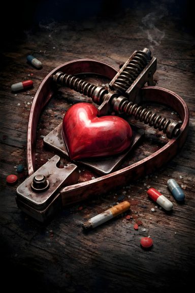 Piège symbolique contenant un coeur avec  des cigarettes et des médicaments évoquant les addictions 